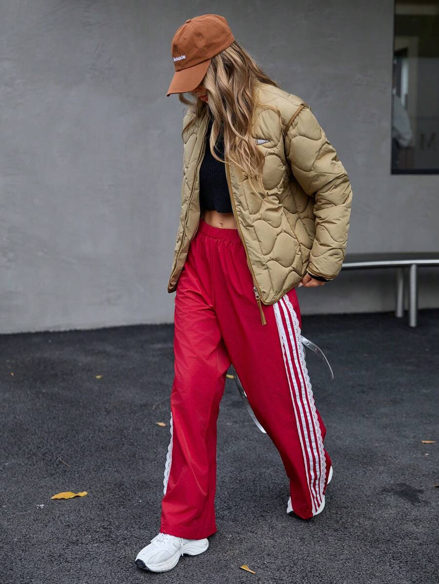 EMERY ROSE Casual Quilted Baseball Puffer Jacket, Versatile Splicing Design Women Outerwear Fall Cloth For Women - Khaki - View 1