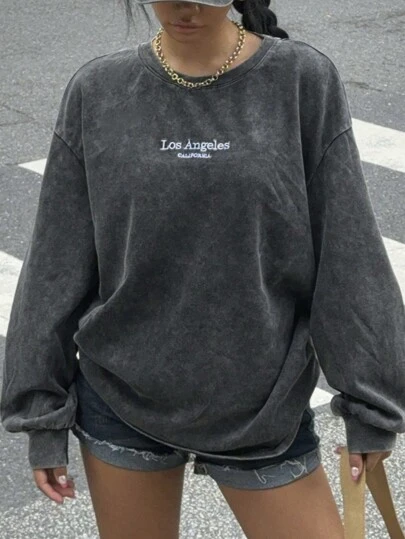 SHEIN EZwear Camiseta de manga larga holgada con efecto lavado ácido y aspecto vintage de punto desgastado, talla grande