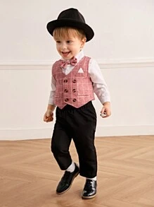 SHEIN 3 pièces/Set Gilet à carreaux pour bébé garçon, chemise à manches longues blanche, ensemble de pantalon noir avec nœud papillon, tenue de gentleman pour les occasions de printemps/automne comme les fêtes, les mariages, le port quotidien et les séances photo - Multicolore - Voir 4