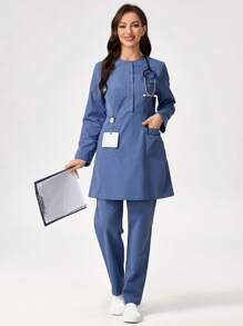 SHEIN TaskFit Solid Color Half Button Front Splicing Pocket Nursing Scrub Uniform Set