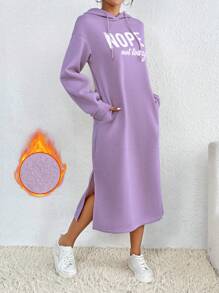 Chiquease Áo nỉ có mũ trùm đầu tối giản in chữ bỏ túi cho nữ - Màu Lilac Tím - Xem 1