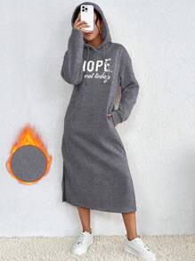 Chiquease Women Letter Graphic Drop Shoulder Long Sleeve Thermal Lined Hooded Long Sweatshirt Dress, Casual Autumn/Winter