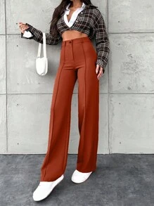 EURMUSE Women's Solid Color Front Button Simple Casual Suit Pants - Rose Red - View 3