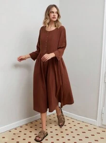 RueChic WOMAN BROWN ELEGANT MUSLIN LONG DRESS - Brown - View 4