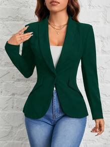 SHEIN PETITE Autumn And Winter Wear Suitable For Commuting. Shawl Collar Single-Button Black Suit Jacket - Dark Green - View 3