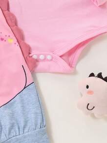 SHEIN Playful Pals 女宝宝舒适可爱恐龙 3D 角时尚 2 件套秋冬季 - 彩色 - 查看 3
