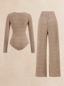 Poéselle 2pcs Rib Bodysuit & Pants Set, Comfy Loungewear Workout Set, Tracksuit, Casual Style, Long Sleeve Bodysuit And Wide Leg Pants, Autumn Winter Basic Essential, Baggy Pants, Long Sleeve, Winter Clothes