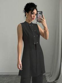 Chiquease 女士纯色纽扣无袖简约休闲上衣 - 黑色 - 查看 3