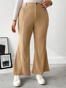 Flirla Plus Size Women Solid Color Pockets Flared Casual Work Pants Fall Cloth For Women - Khaki - View 4