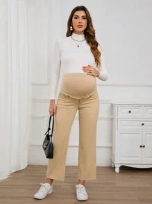 SHEIN Pantalones vaqueros rectos y sueltos de unicolor para maternidad, para primavera y otoño - Caqui - Ver 4