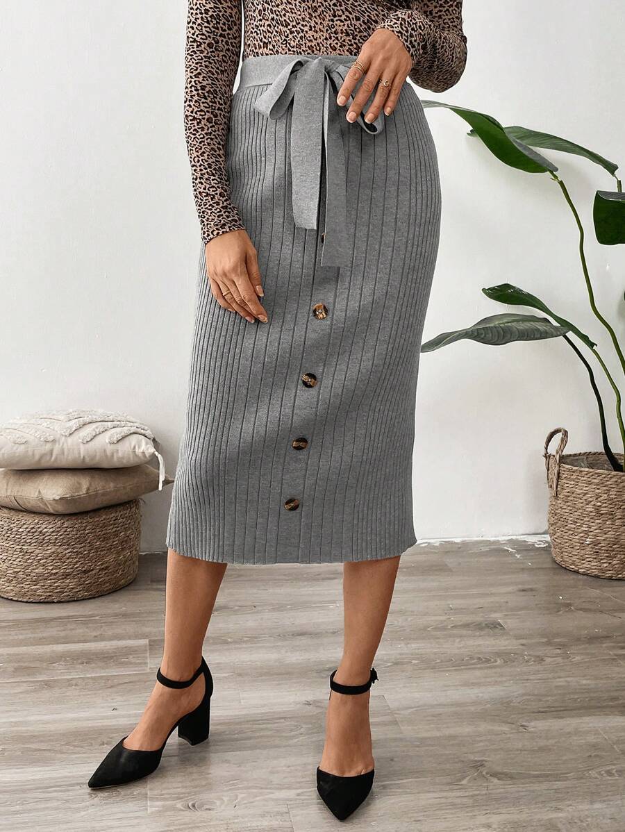EMERY ROSE Women's Belted Waist Button Front Casual Midi Dress - Grey - View 1