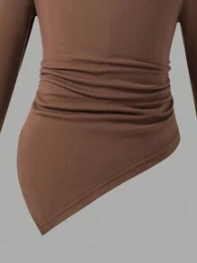 Tween Girls Stand Collar Solid Color Ruched Asymmetric Hem Long Sleeve T-Shirt - Multicolor - View 6