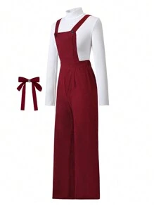 2 Pieces Set For Tween Girl, Casual Red Party Overall Jumpsuit And T-Shirt, Stylish And Versatile, Suitable For Fall And Spring Winter