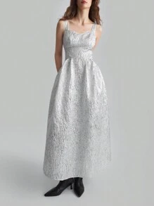 Ontre Women Silver Pleated Long Dress, Elegant For Christmas Party & Events, Winter