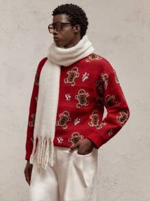 AKNOTIC Party 男士宽松都市风圆领落肩长袖针织印花彩色套头毛衣，适合有钱男士，可作为男友礼物，适合秋冬季节和圣诞节穿着。