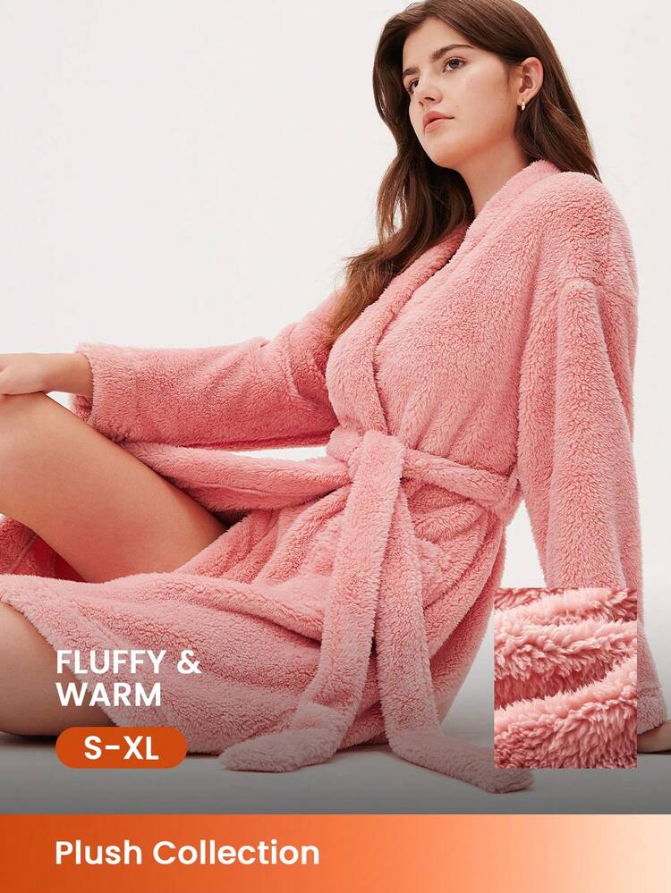 Weicher Winter Fleece Plüsch Bademantel mit Bindegürtel als Schlafanzug und Loungewear
