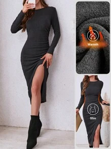 SHEIN LUNE Women's Round Neck Long Sleeve Slit Fitted Elegant Pleated Midi Dress - Dark Grey - View 3