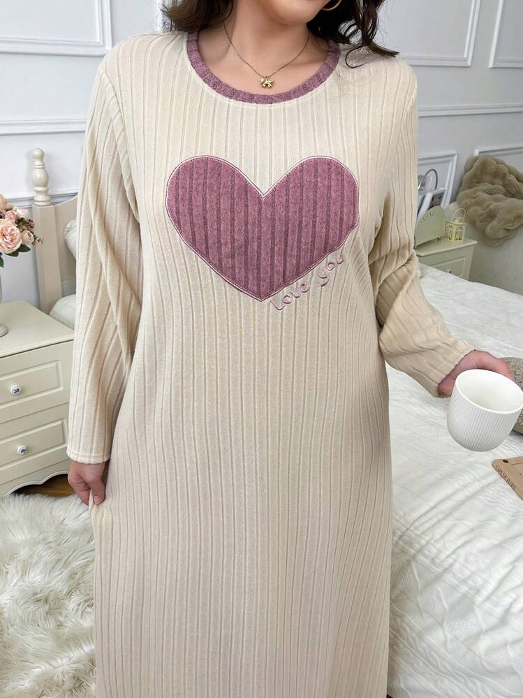 Plus Size Women Textured Heart Embroidery Round Neck Long Sleeve Nightgown, Autumn/Winter, For Fall, Cozy Outfit, Moo Moo Night Dress - Apricot - View 6