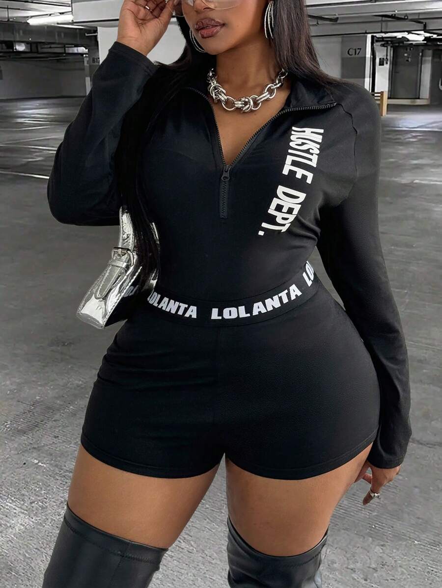 Maweii 2 chiếc/Bộ áo dài tay có khóa kéo in chữ cỡ lớn và quần short - màu đen - Xem 1