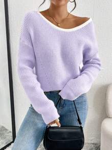Chiquease 休闲日常拼色蝴蝶结装饰落肩宽松针织毛衣，秋冬 - 淡紫色 - 查看 3