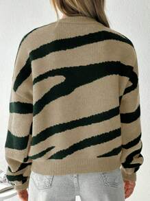 EURMUSE 1 Áo len dệt kim dáng rộng cổ tròn họa tiết ngựa vằn thường ngày cho nữ, mùa thu/đông - Lạc đà - Xem 2