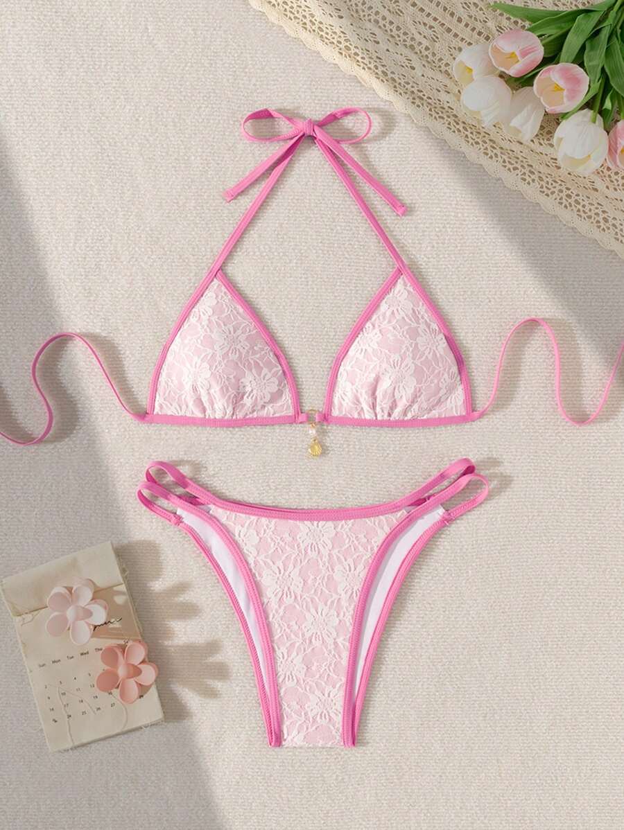 SHEIN Swim Holiday Beach Party Halter Bikini Swimwear Lace Sexy Ladies Swimwear Set Summer - Multicolor - View 1