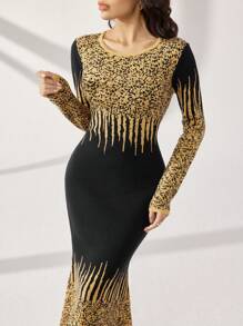 Modelyn Women Elegant Gold Trim Pattern Waisted Mermaid Hem Sweater Dress - Black - View 1
