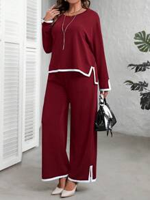 EMERY ROSE Plus Size Dames Zwarte Ronde Hals Lange Mouw Zijsplit Zoom Top En Wijde Pijpen Broek Herfst Sets