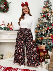 SHEIN LUNE Fall Outfits,Plus Size Women's Boots & Snowflakes Print Loose Long Pants, ,Casual Everyday Wear, New Years Women Outfit Holiday Outfit - Multicolor - View 4
