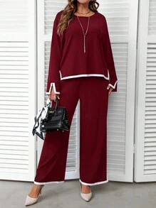 EMERY ROSE Plus Size Dames Zwarte Ronde Hals Lange Mouw Zijsplit Zoom Top En Wijde Pijpen Broek Herfst Sets