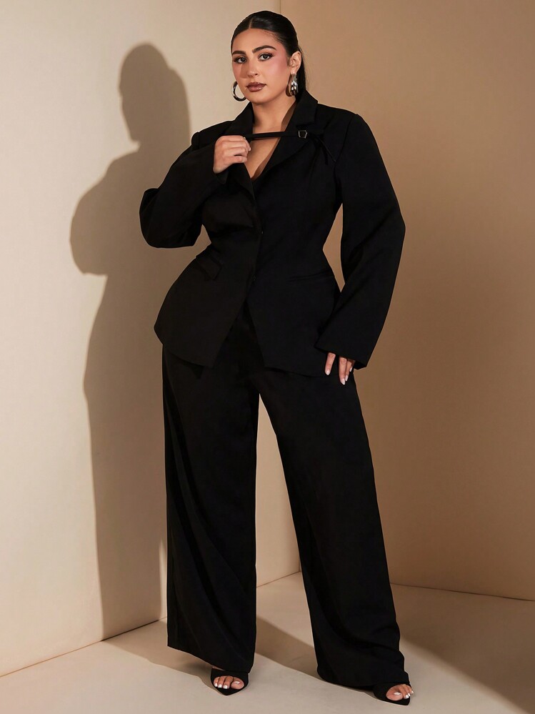 SHEIN BAE 大码曲线秋冬优雅通勤商务派对大码女士黑色正式腰部西装外套和阔腿裤女士两件套西装商务休闲女装女士西装外套套装女士裤子套装女士裤装套装公司套装女士工作服女士西装 - 黑色 - 查看 4