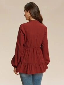 Chiquease Women Casual Ruffled Hem Long Sleeve Blouse, Fall - Red - View 2