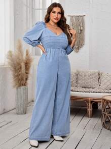 SHEIN LUNE 大码女式甜心领露背打结泡泡袖宽松阔腿牛仔连体裤