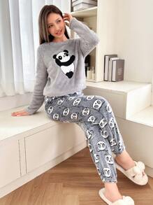 Women's Panda Embroidery Soft & Warm Fluffy Pajama Set For Autumn/Winter, Fall Winter Clothes, Cozy - Multicolor - View 4