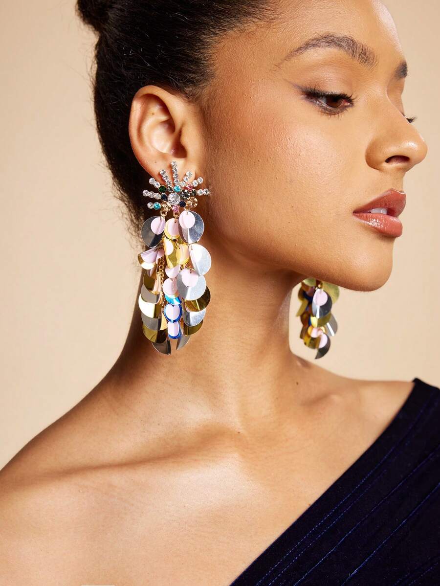 SHEIN SXY Women Fashionable Exaggerated Colorful Crystal Disc Earrings - Yellow Gold - View 1