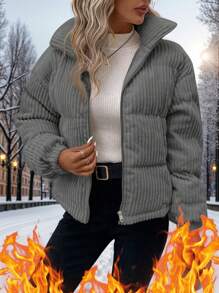 SHEIN LUNE Plus Size Women Christmas Green Geometric Pattern Regular Loose Fit Stand Collar Zip-Up Padded Coat, Winter Thickened  Jacket & Parkas Winter Coat
