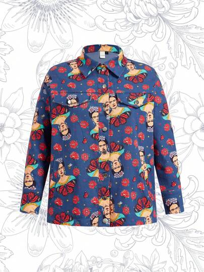 Frida Kahlo X SHEIN Plus Size Casual Loose Fit Floral & Figure Print Drop Shoulder Denim Jacket With Flap Detail