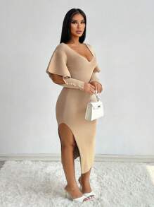 SHEIN X Lucía Bellido Zolique V-Neck Ruffle Sleeve Hollow Out Fitted Sweater Dress Fall Cloth For Women - Khaki - View 3