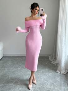 Rafferiza Elegant Off Shoulder Ribbed Knit Fuzzy Cuff Fitted Dress, Autumn - Pink - View 3