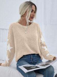 SHEIN LUNE 女士星星图案长袖休闲套头衫，秋冬 - 杏色 - 查看 1