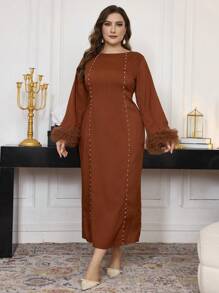 Modelyn Vestido de Body ceñido con mangas globo de estilo retro y cuello redondo, vestido elegante de mujer estilo maxi para otoño/invierno, vestido largo de noche