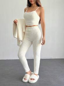 SHEIN PETITE Conjunto de chaleco de punto con mangas largas de hombros caídos y pantalones para mujer