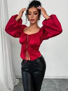 Elenzga Blusa elegante de estilo cárdigan con nudo delantero de satén de alta gama para mujeres, color borgoña