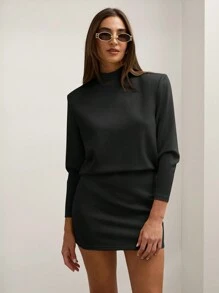 COSMINA 女士休闲纯色立领迷你连衣裙，秋季 - 黑色 - 查看 5