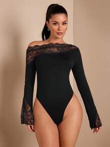 SHEIN BAE 1 件女式纯黑色性感优雅不对称蕾丝拼接露肩长喇叭袖紧身衣，适合秋冬季分层穿着，针织保暖性感，适合外出、浪漫约会、派对 - 黑色 - 查看 3