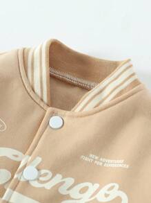 Young Boys Letter Print Striped Long Sleeve Single-Breasted Casual Baseball Jacket And Pants Set, Suitable For Boys Everyday Wear In Autumn - Khaki - View 4