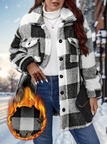 SHEIN LUNE Áo khoác nữ cỡ lớn kẻ caro tay dài vai rớt có túi, kiểu dáng thường ngày, thích hợp giữ ấm mùa đông và kỳ nghỉ. - Đen và trắng - Xem 4