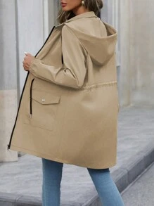 SHEIN LUNE 1pc Women Regular Hooded Cinched Waist Jacket - Khaki - View 2