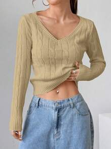 Flirla بلوزة نسائية ذات رقبة على شكل V من محبوك كبليه، بطراز كاجوال مناسبة للخريف/الشتاء