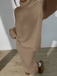 Flirla Set da 2 pezzi di maglione casual in maglia a collo alto con maniche lunghe e gonna midi con orlo spaccato